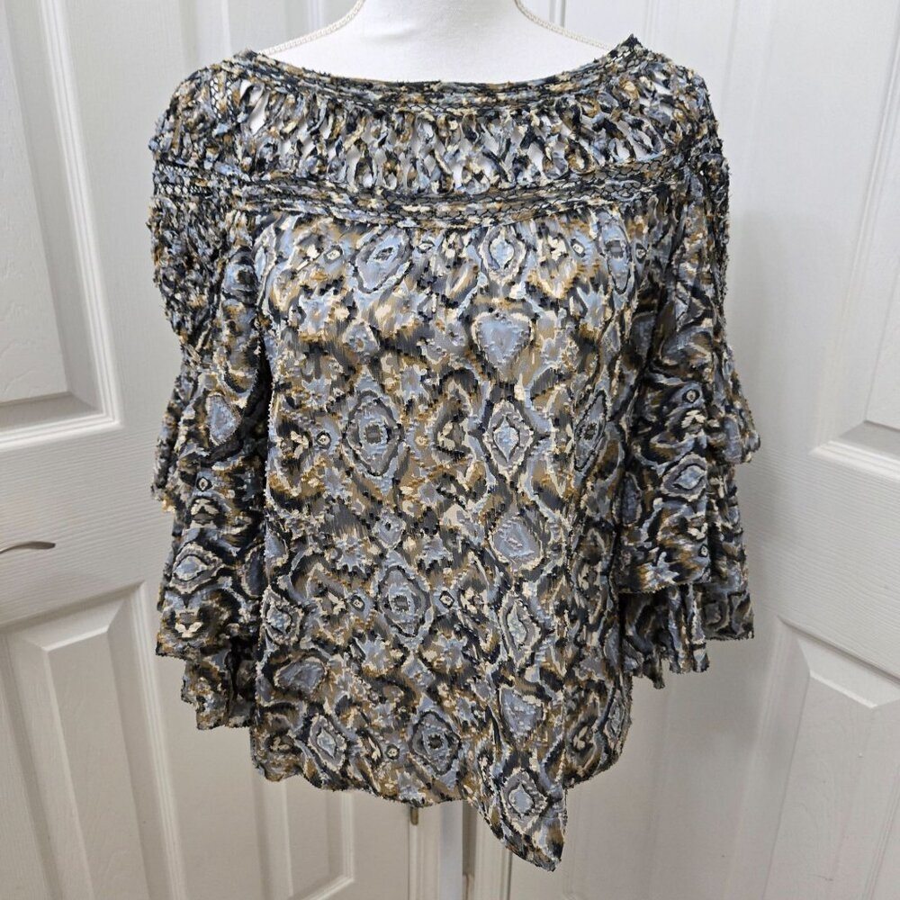3.1 Phillip Lim Blouse Womens 4 Silk Blend Ruffle Sleeve Blue Ikat Semisheer